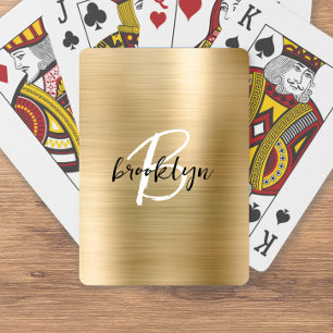 Gold Brushed Metal Black White Script Monogram Playing Cards
