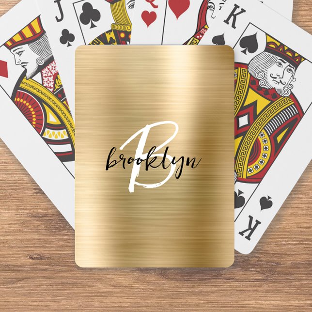 Gold Brushed Metal Black White Script Monogram  Playing Cards (Creator Uploaded)