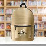 Gold Brushed Metal Black White Script Monogram  Printed Backpack<br><div class="desc">This personalised backpack features a monogram and first name in modern black and white script on an elegant gold faux brushed metal background.</div>