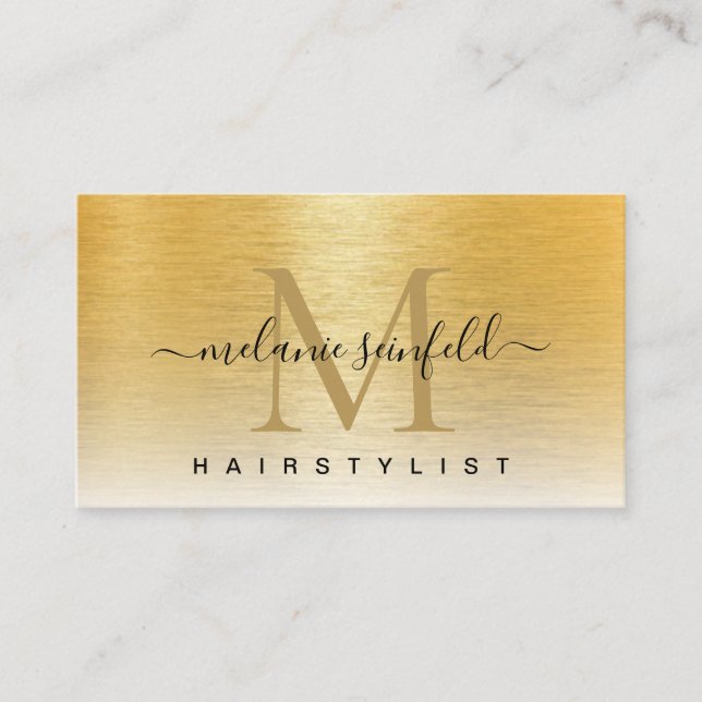 Gold Brushed Metal Elegant Monogram Script Modern Business Card (Front)