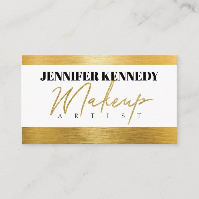 Gold Brushed Metal Glitter Makeup Artist Beauty Business Card (Front)