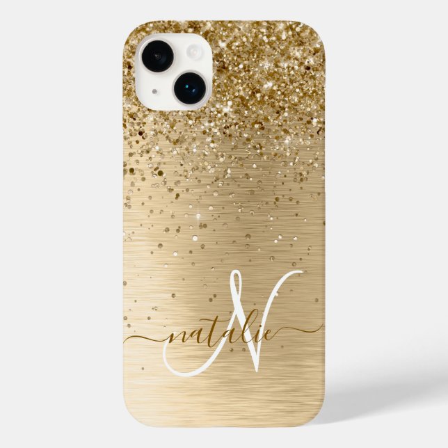 Gold Brushed Metal Glitter Monogram Name Case-Mate iPhone Case (Back)