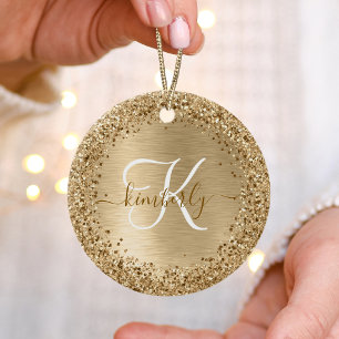 Gold Brushed Metal Glitter Monogram Name Ceramic Tree Decoration