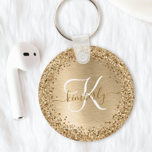Gold Brushed Metal Glitter Monogram Name Key Ring