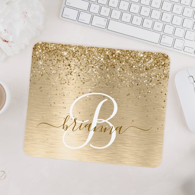 Gold Brushed Metal Glitter Monogram Name Mouse Mat (Creator Uploaded)