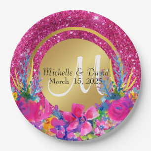 Gold Brushed Metal Glitter Monogram Name  Paper Plate
