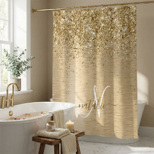 Gold Brushed Metal Glitter Monogram Name Shower Curtain