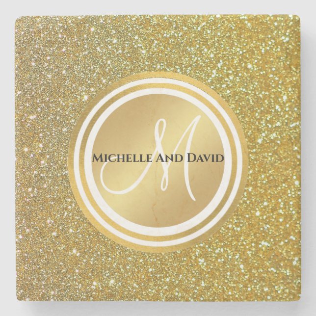 Gold Brushed Metal Glitter Monogram Name  Stone Coaster (Front)