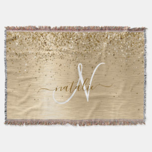 Gold Brushed Metal Glitter Monogram Name Throw Blanket