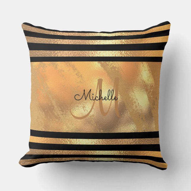 Gold Brushed Metal Glitter Monogram Name wedding Cushion (Front)