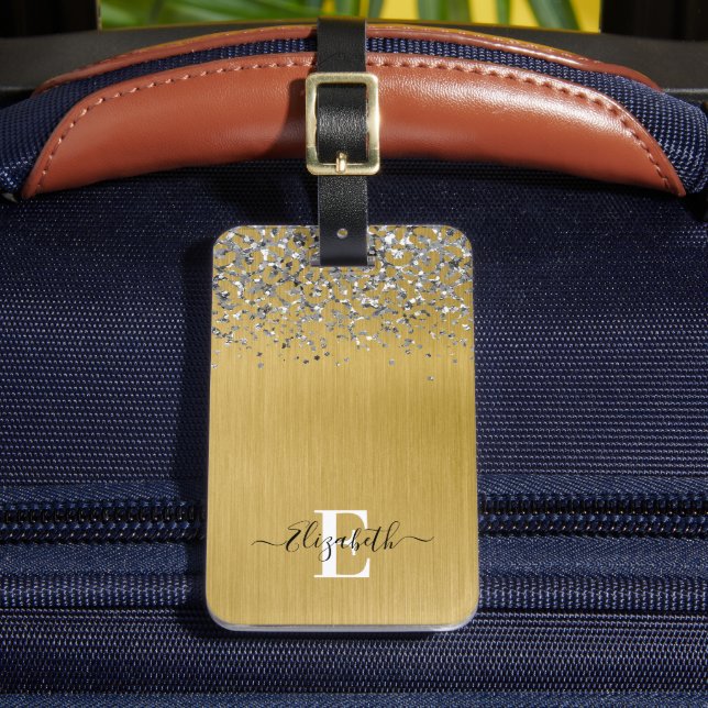 Gold Brushed Metal Glitter Monogram Script Luggage Tag (Front Insitu 2)
