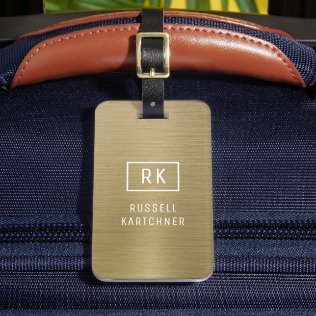 Gold Brushed Metal Modern Monogram Luggage Tag (Front Insitu 2)