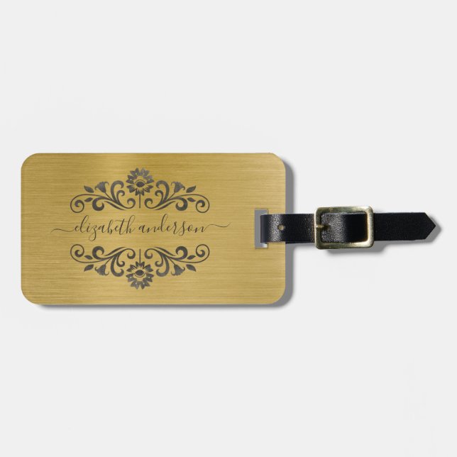 Gold Brushed Metal Monogram Name Script Luggage Tag (Front Horizontal)