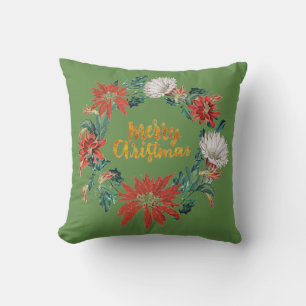 Gold Brushscript Christmas Floral Wreath on Green Cushion