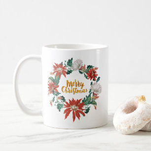 Gold Brushscript Christmas Flower Wreath Coffee Mug