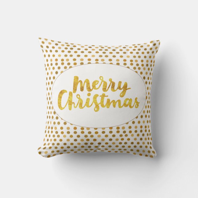 Gold Brushscript Merry Christmas Dots Pattern Cushion (Front)