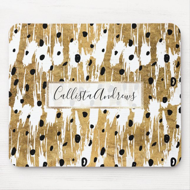 Gold Brushstrokes Modern Artsy Polka Dots Mouse Mat (Front)