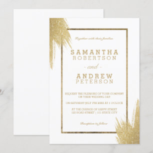 Gold brushstrokes simple white wedding invitation