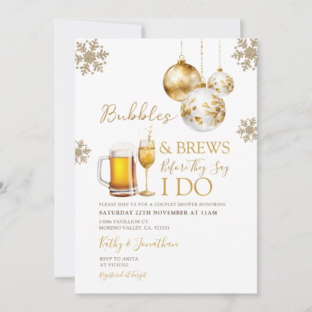 Gold Bubbles & Brews Christmas Beer Couples Shower Invitation (Front)