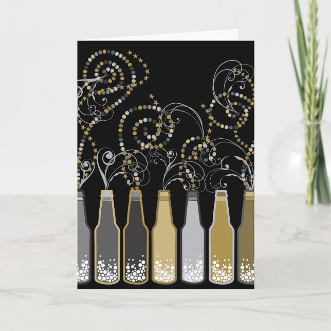 Gold Bubbly Bottles New Year's Eve Holiday Party Invitation (Front)
