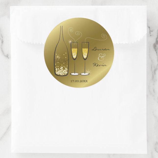 Gold Bubbly Champagne Cheers Stylish Wedding Party Classic Round Sticker (Bag)