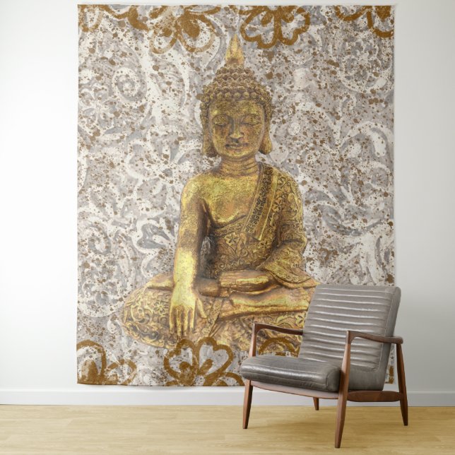 Gold Buddha Golden Floral Flowers Tapestry (In Situ)