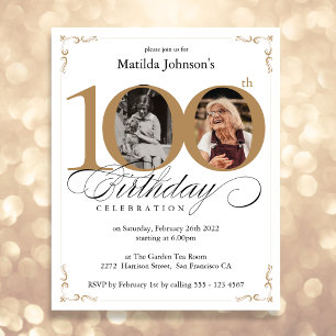 Gold Budget Photo 100th Birthday Party Invitation
