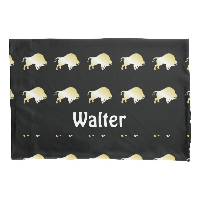 Gold buffalo on black pillowcase (Front)