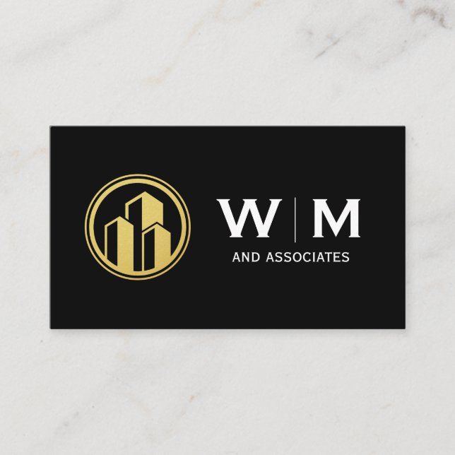 Gold Buildings Logo | Monogram Business Card (Front)