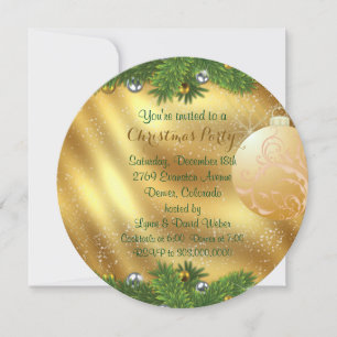 Gold Bulb Green Pine Christmas Party Invitation