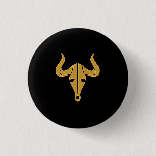 Gold bull with long horns 3 cm round badge