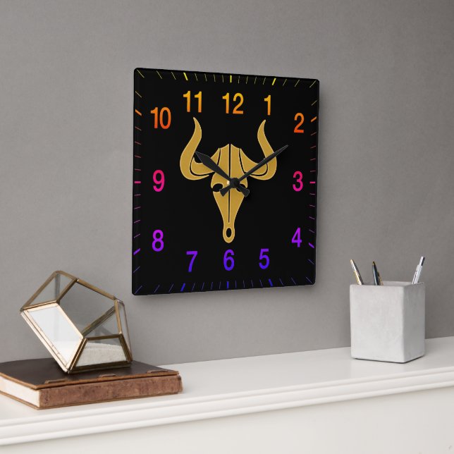 Gold bull with long horns rainbow colour numbers square wall clock (Office)