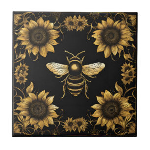 Gold Bumble Bee and Sunflowers Tile