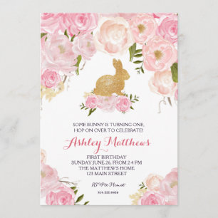 Gold Bunny birthday pink Floral Invitation, Invitation