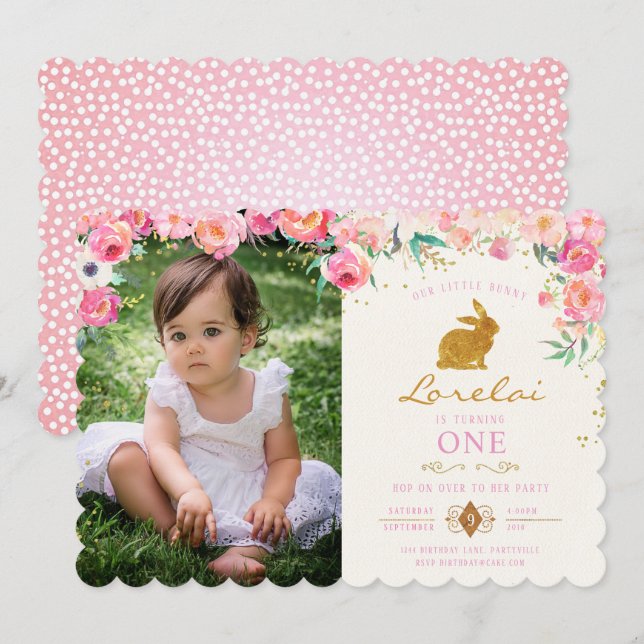 Gold Bunny Pink Floral Birthday Invitation (Front/Back)