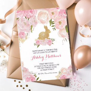 Gold Bunny Pink Floral Birthday Invitation
