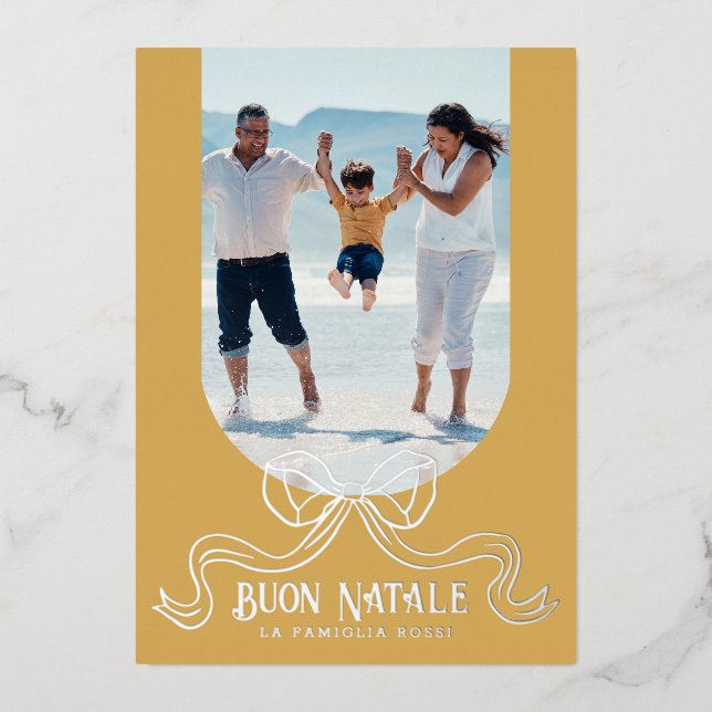 Gold Buon Natale Simple Modern Coquette Bow Photo Foil Holiday Card (Front)