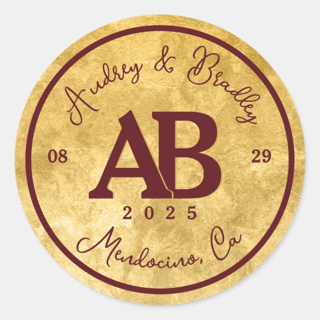 Gold Burgundy 2 Letter Monogram Wedding Classic Round Sticker (Front)