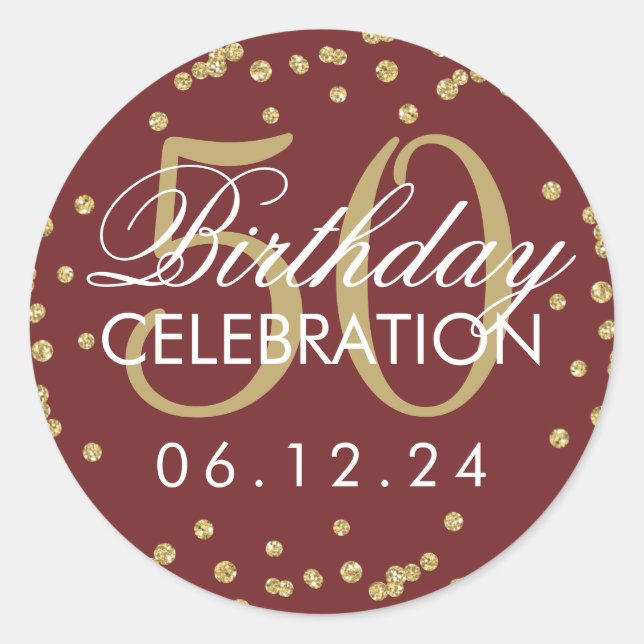 Gold Burgundy 50th Birthday Glitter Confetti Classic Round Sticker (Front)