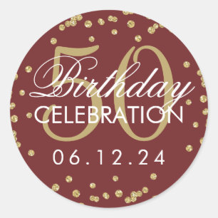 Gold Burgundy 50th Birthday Glitter Confetti Classic Round Sticker