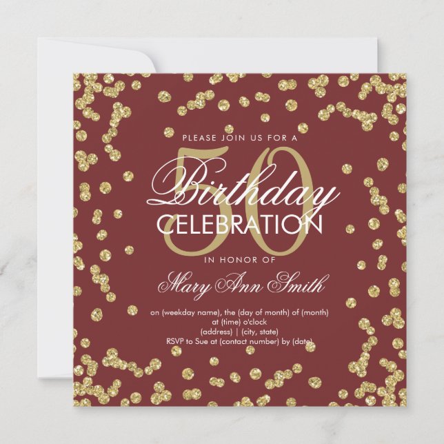 Gold Burgundy 50th Birthday Glitter Confetti Invitation (Front)