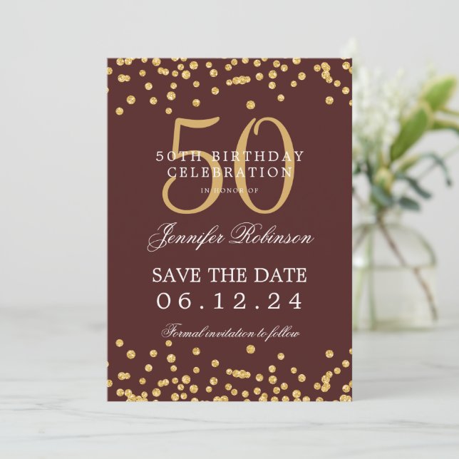 Gold Burgundy 50th Birthday Save the Date Details Invitation (Standing Front)