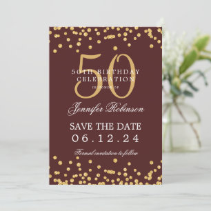 Gold Burgundy 50th Birthday Save the Date Details Invitation
