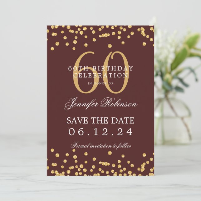 Gold Burgundy 60th Birthday Save the Date Details Invitation (Standing Front)
