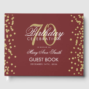 Gold Burgundy 70th Birthday Party Glitter Confetti Guest Book