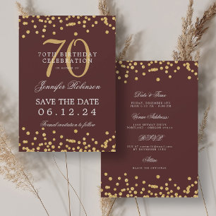 Gold Burgundy 70th Birthday Save the Date Details Invitation