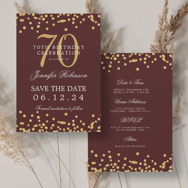Gold Burgundy 70th Birthday Save the Date Details Invitation (Gold Burgundy 70th Birthday Save the Date Details Invitation)