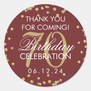 Gold Burgundy 70th Birthday Thank You Glitter Classic Round Sticker