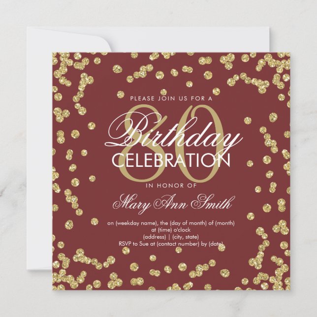 Gold Burgundy 80th Birthday Glitter Confetti Invitation (Front)