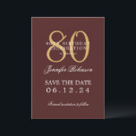 Gold Burgundy 80th Birthday Save the Date Details Invitation<br><div class="desc">Elegant "80th Birthday Party" design with a formal typography script,  custom name and details text. Easy to use and easy to personalise. Order Today!</div>